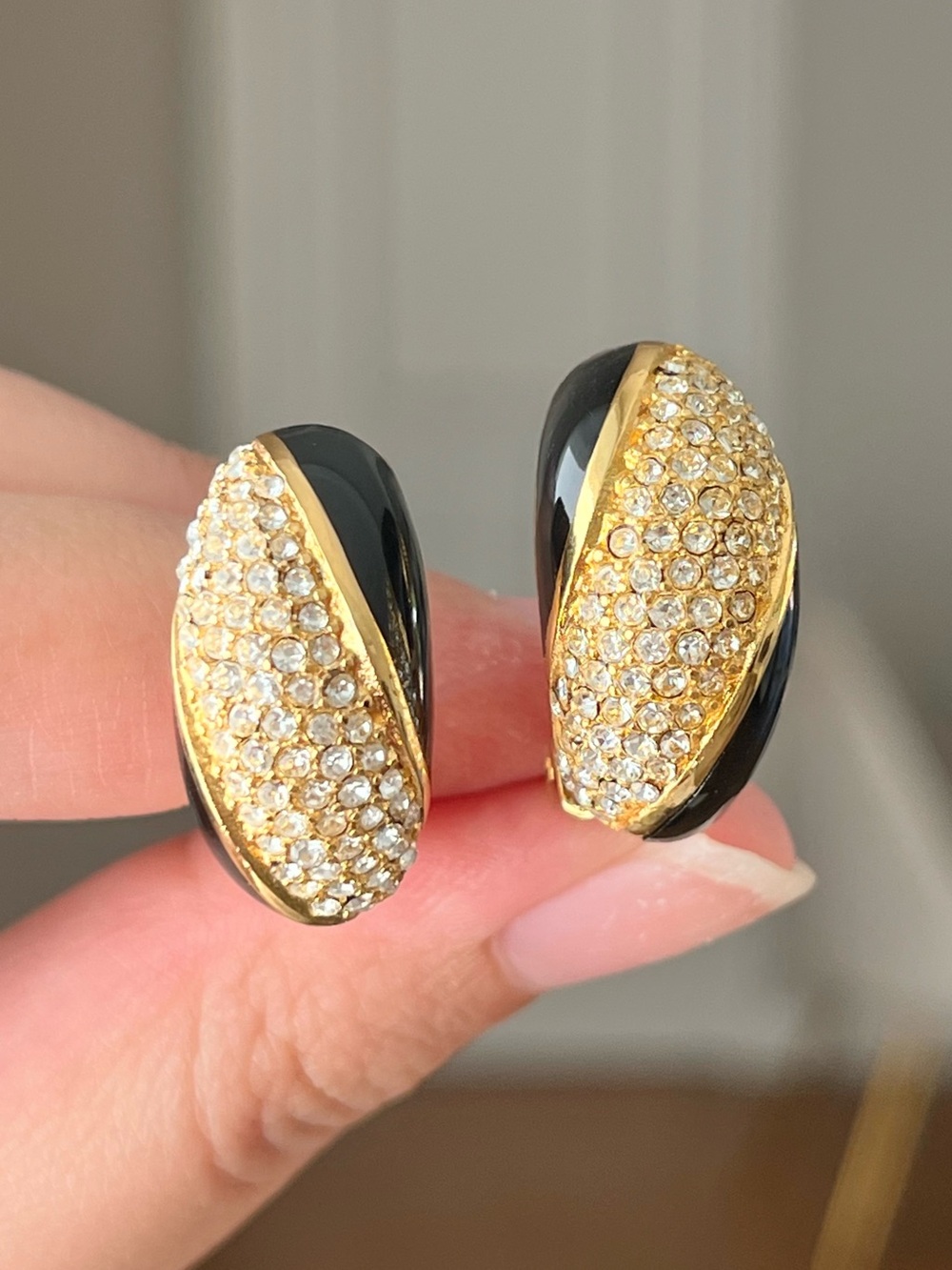 Authentic Vintage Dior Black Enamel Rhinestone Pavé Gold Hoop Clip-On Earrings